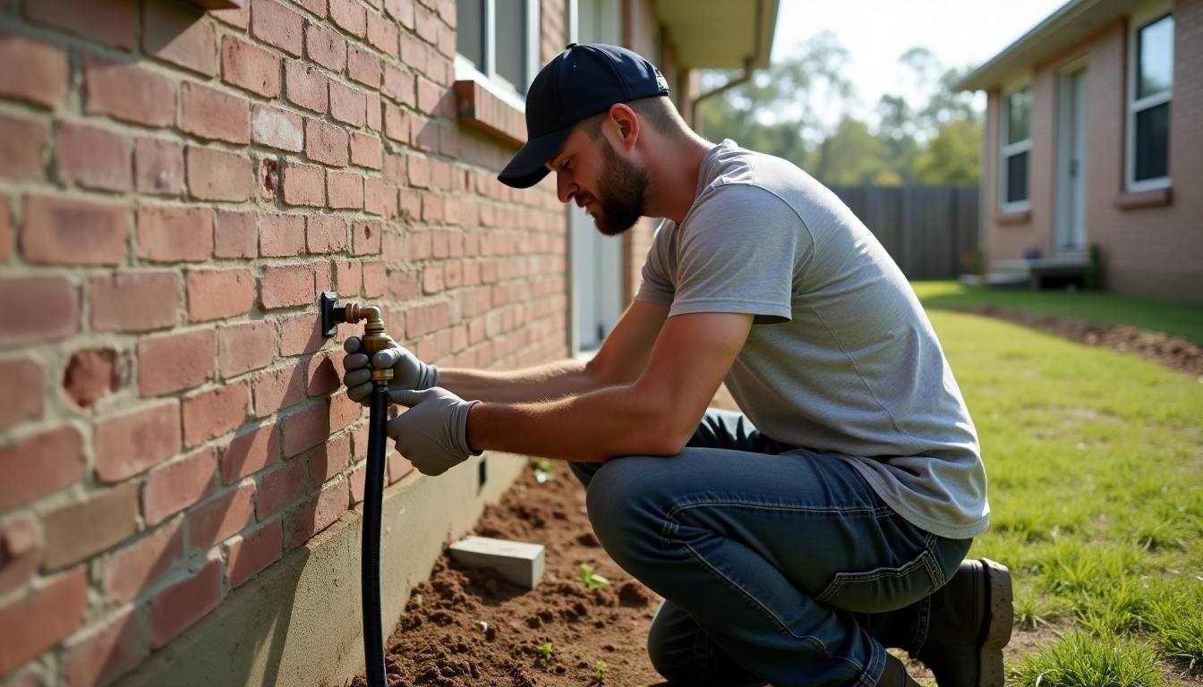 Plumber checking an outdoor spigot in Chelsea, Alabama