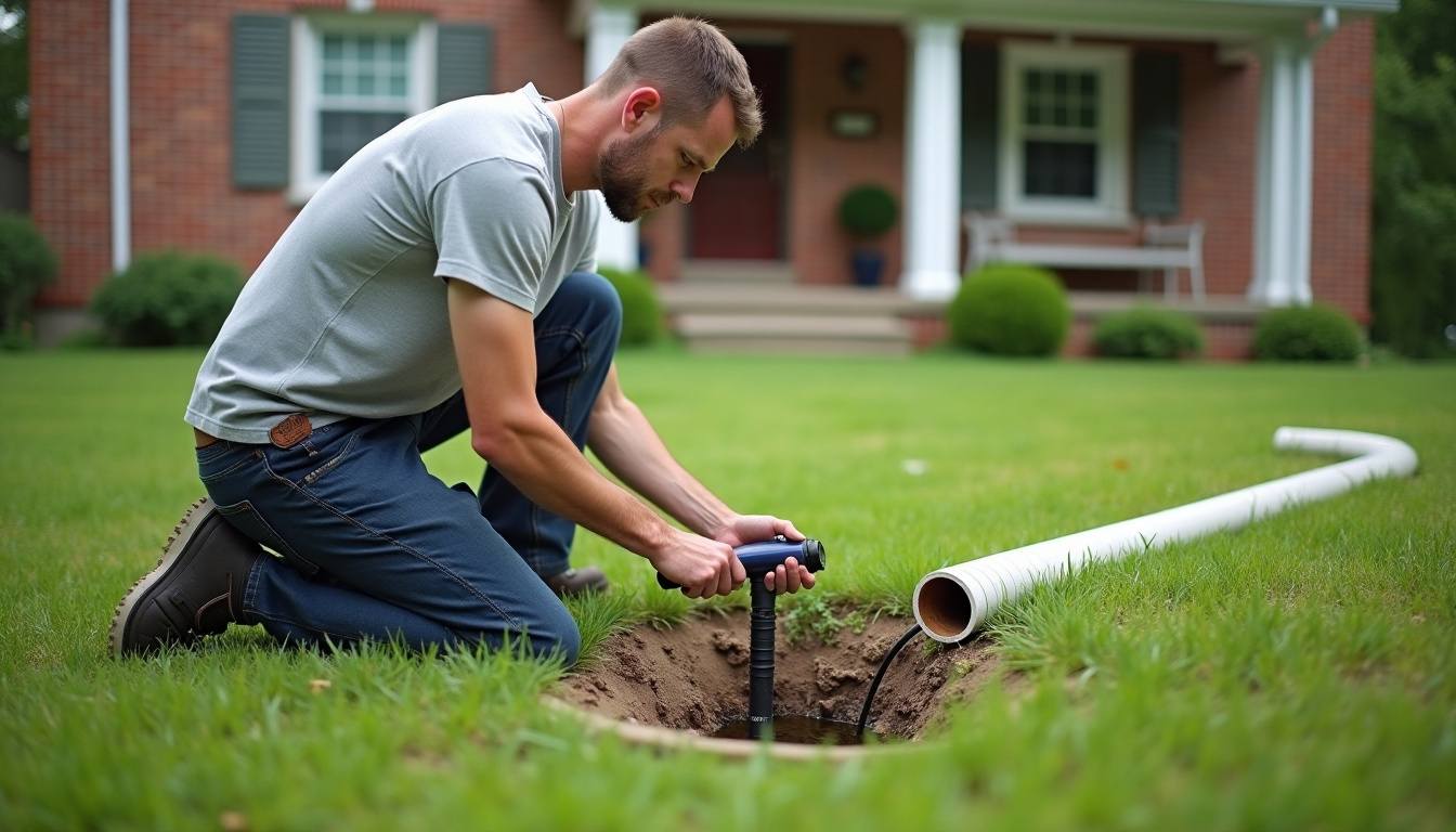 Plumber feeding a drain camera into a yard cleanout