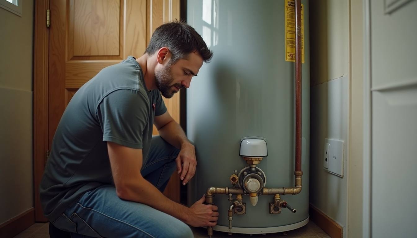 Plumber draining a water heater tank